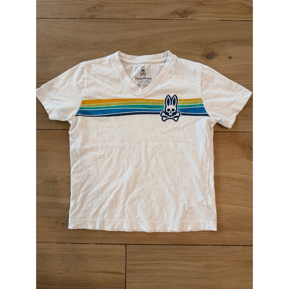 Psycho Bunny Boys White Pima Cotton V-Neck Stripe Graphic T-Shirt Size S 7/8